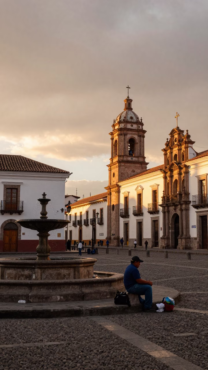 Sunset Street Scene in Quito Ecuador with Local Vendor and Traditional Elements in in Quito, Ecuador