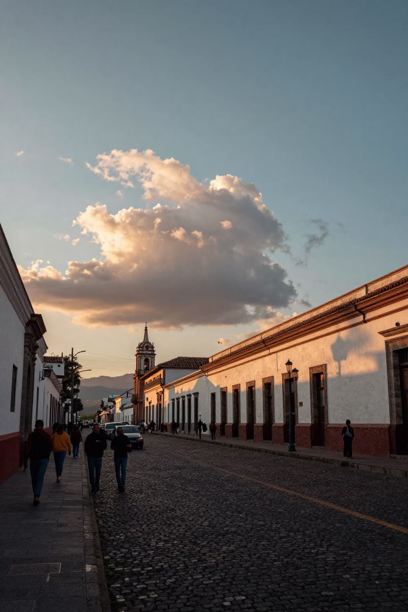 Sunset Street Scene in Quito Ecuador with Morning Glory Clouds and Local Street Food in in Quito, Ecuador