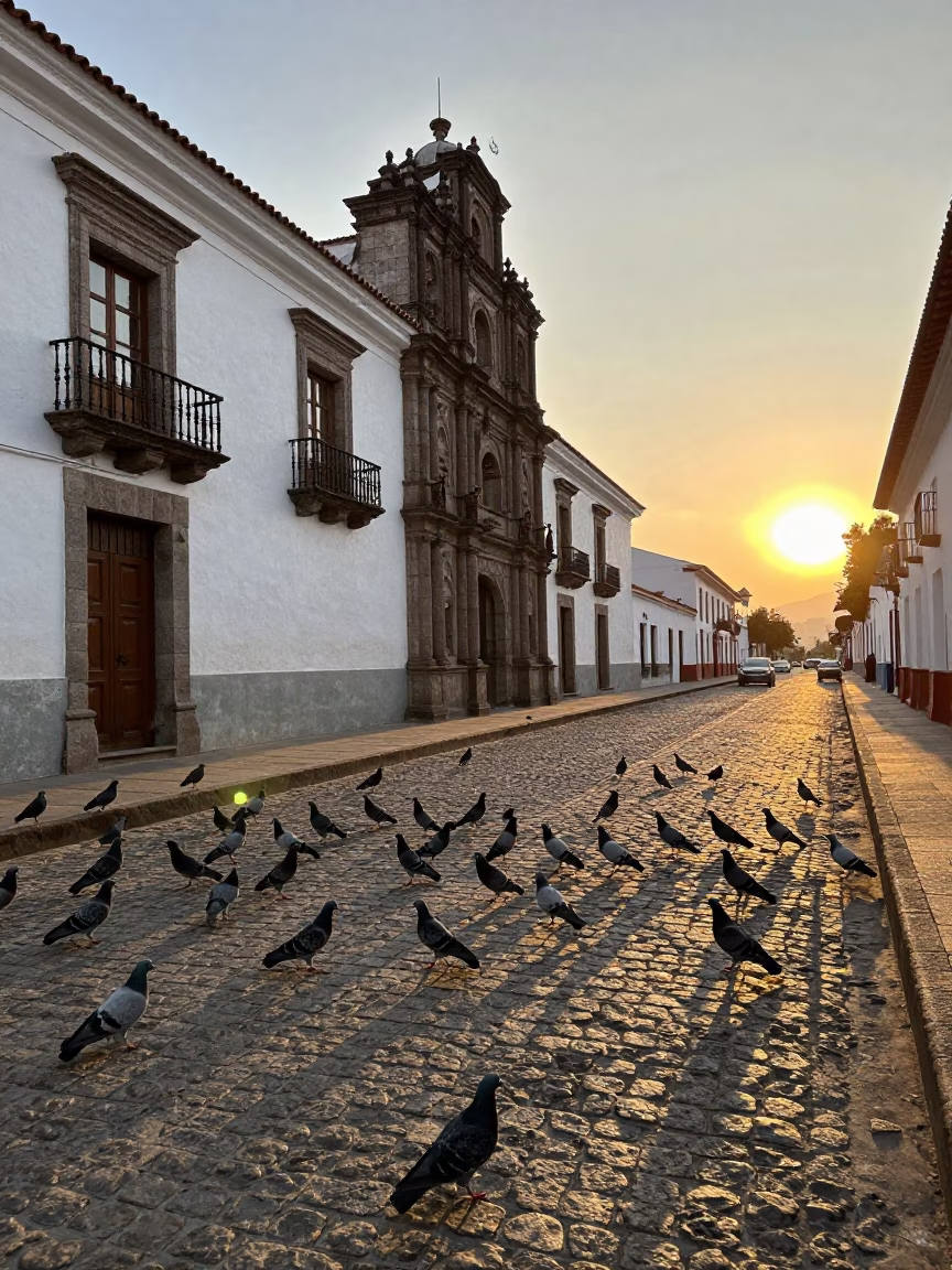 Sunset Street Scene in Quito Ecuador with Pigeons and Cardigans in in Quito, Ecuador
