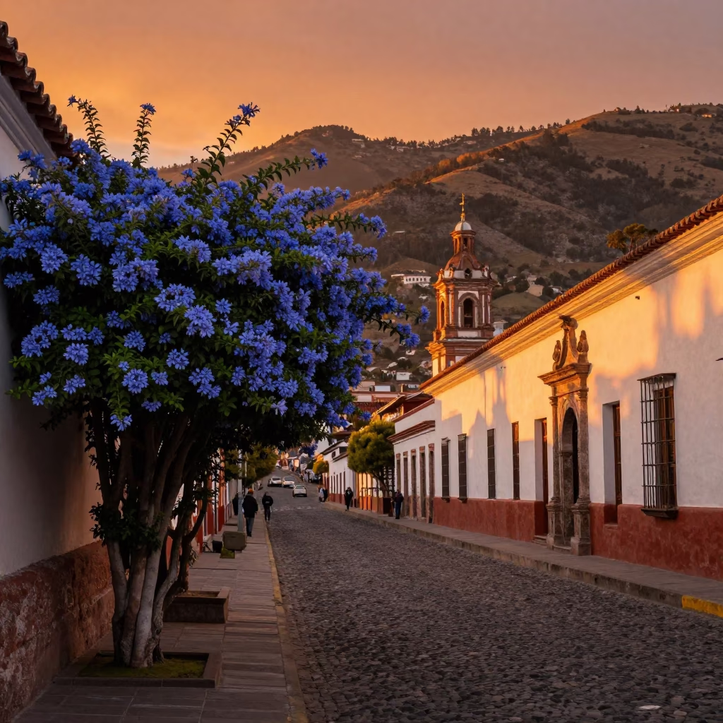 Sunset Street Scene in Quito Ecuador with Plumbago Hedge and Local Vendor in in Quito, Ecuador