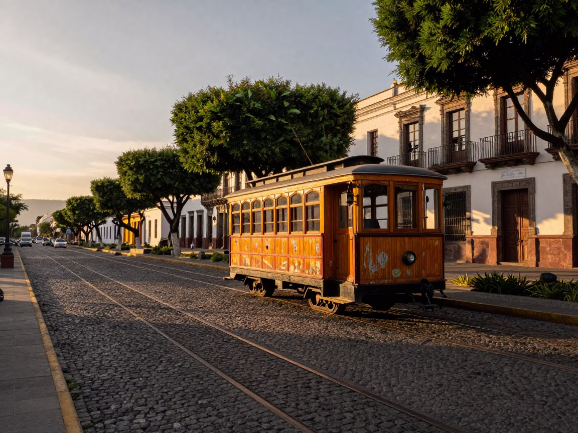 Sunset Street Scene in Quito Ecuador with Trolley and Colonial Architecture in in Quito, Ecuador