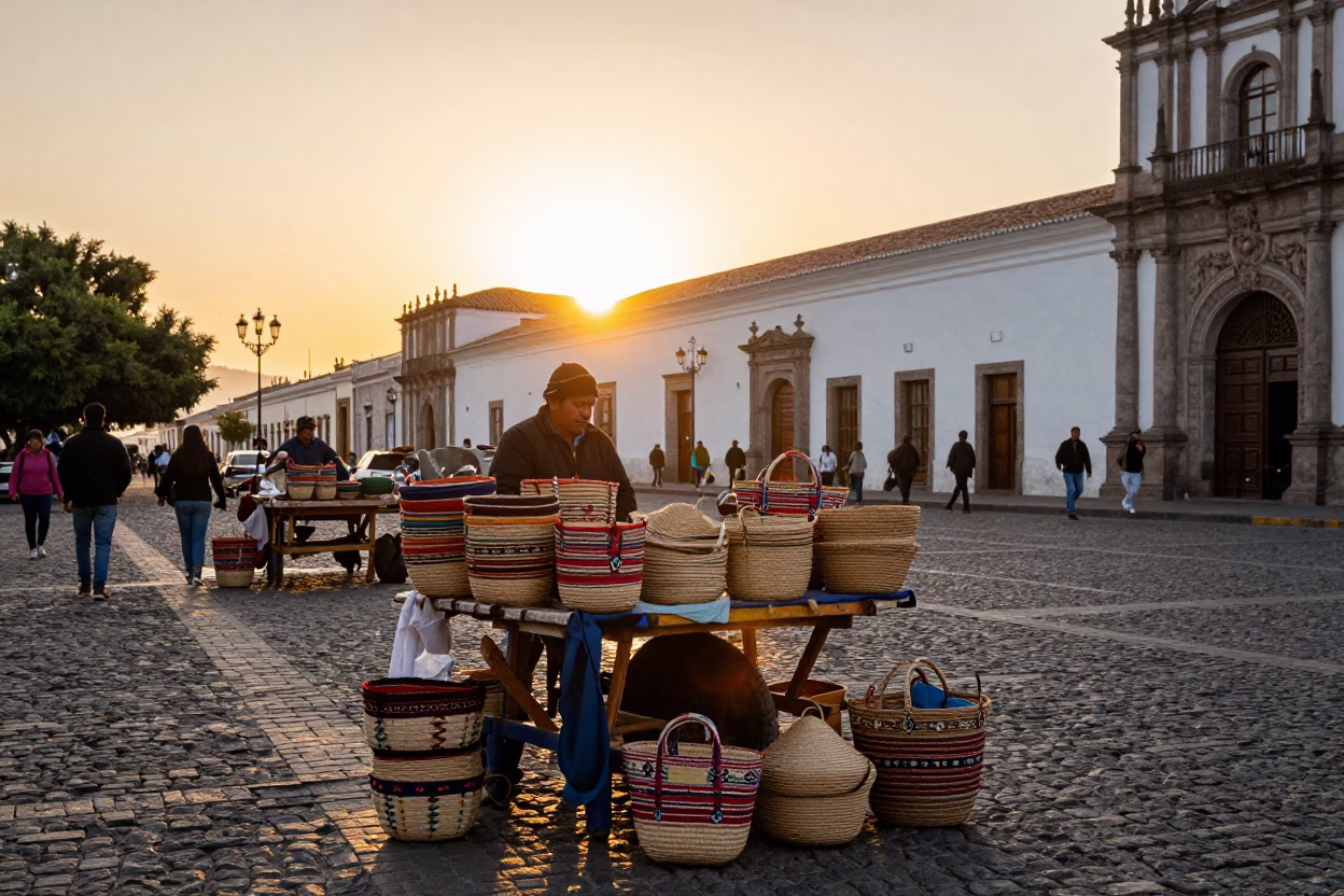 Sunset street scene in Quito Ecuador with vendors and woven baskets in in Quito, Ecuador