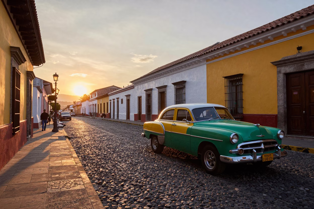 Sunset Street Scene in Quito Ecuador with Vintage Car and Colorful Glass Bottle in in Quito, Ecuador