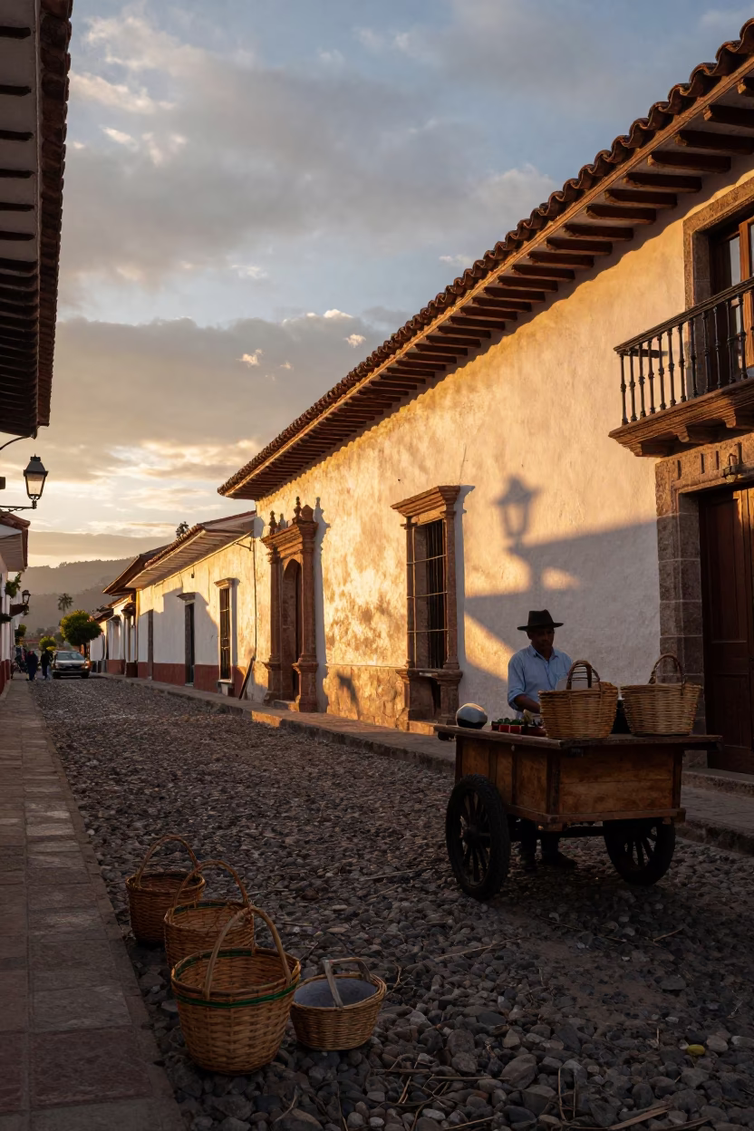 Sunset street scene in Quito Ecuador with woven baskets and colonial architecture in in Quito, Ecuador
