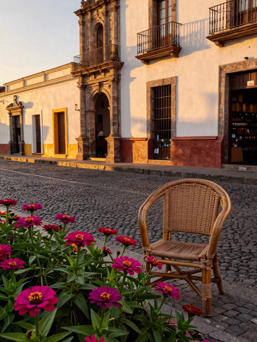 Sunset Street Scene in Quito Ecuador with Zinnias and Rattan Chair in in Quito, Ecuador