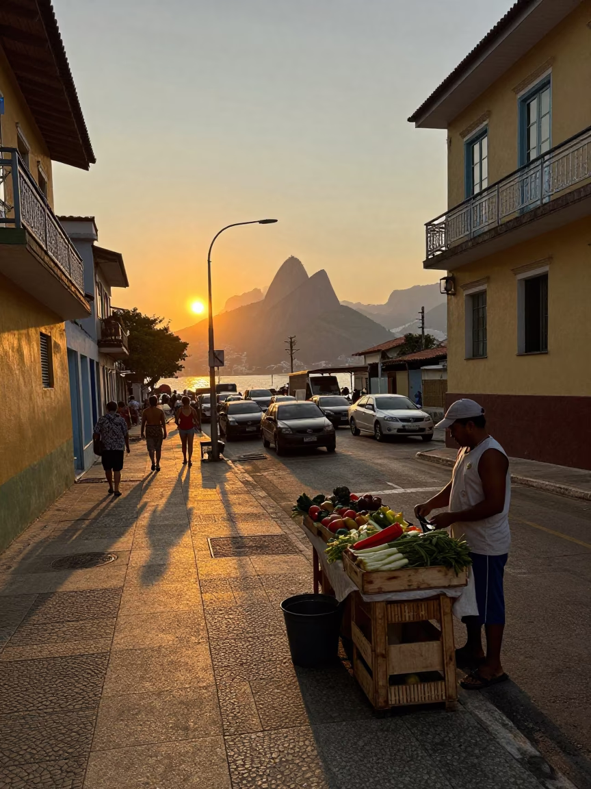 Sunset Street Scene in Rio de Janeiro Brazil with Garden Shears and Local Life in in Rio de Janeiro, Brazil