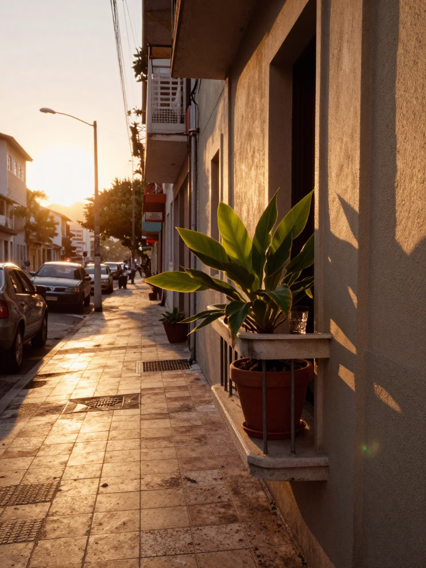 Sunset Street Scene in Rio de Janeiro with Houseplant and Glass Cup in in Rio de Janeiro, Brazil