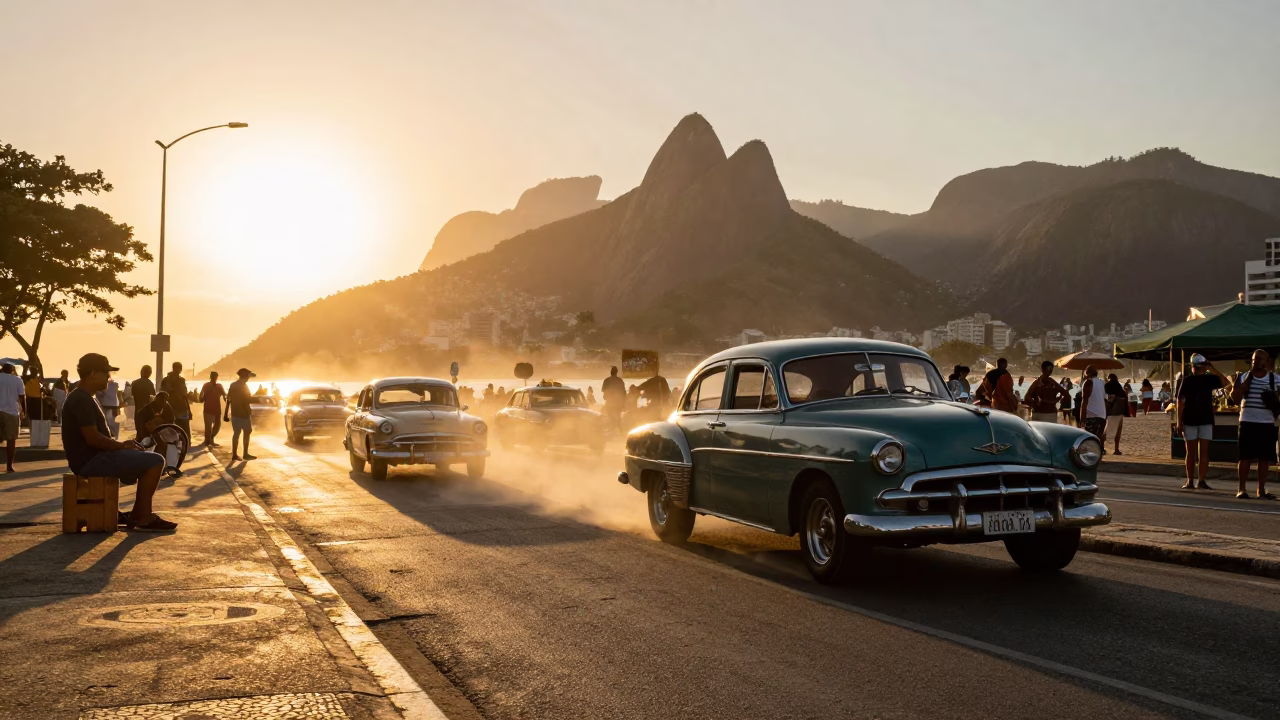 Sunset Street Scene in Rio de Janeiro with Vintage Car Rally and Local Artisans in in Rio de Janeiro, Brazil