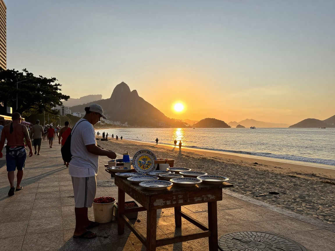 Sunset Street Scene in Rio de Janeiro with Vintage Italian Majolica Plate in in Rio de Janeiro, Brazil