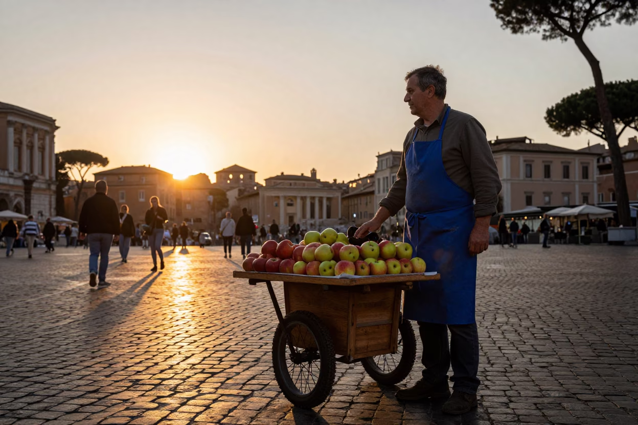 Sunset Street Scene in Rome Italy with Apron and Apples in in Rome, Italy