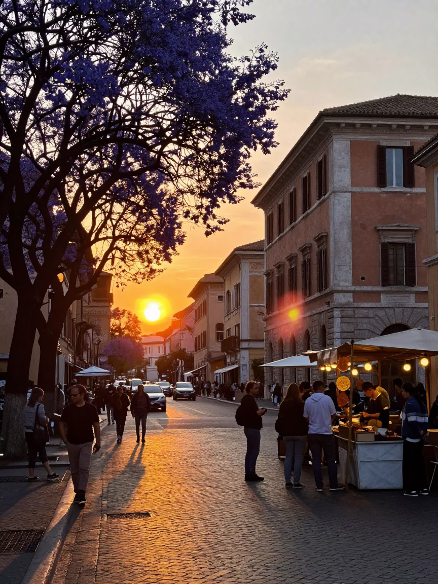 Sunset Street Scene in Rome Italy with Jacaranda Blooms and Market Activity in in Rome, Italy