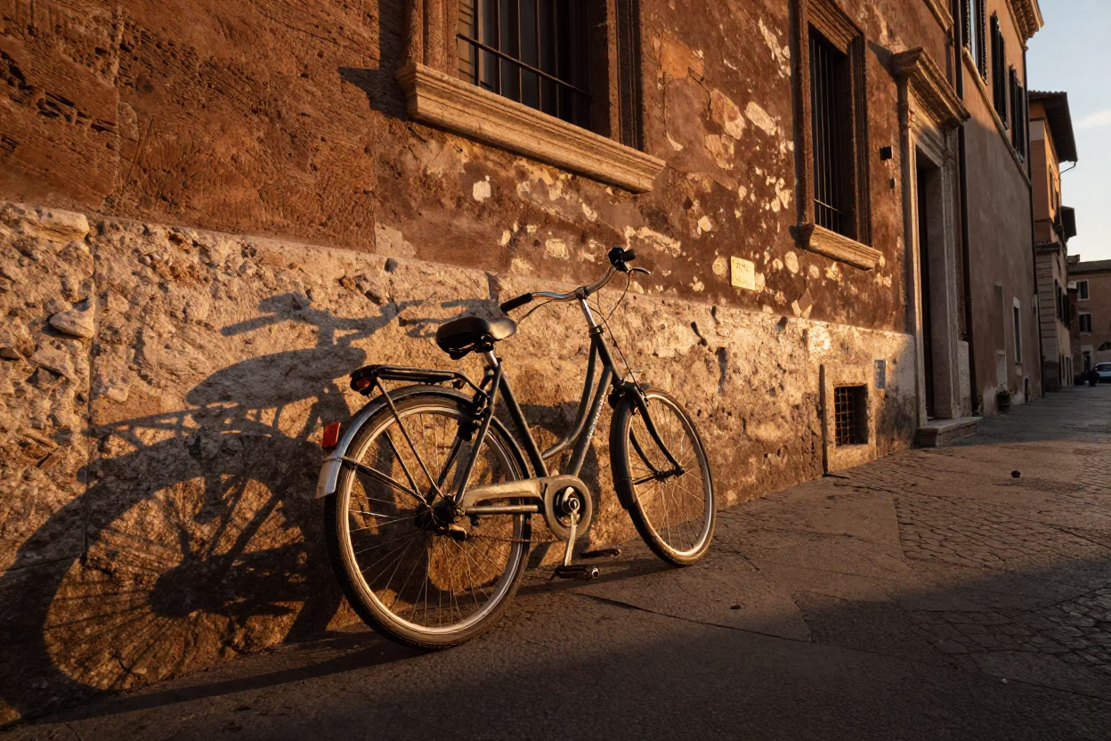 Sunset street scene in Rome Italy with parked bicycle and historic architecture in in Rome, Italy