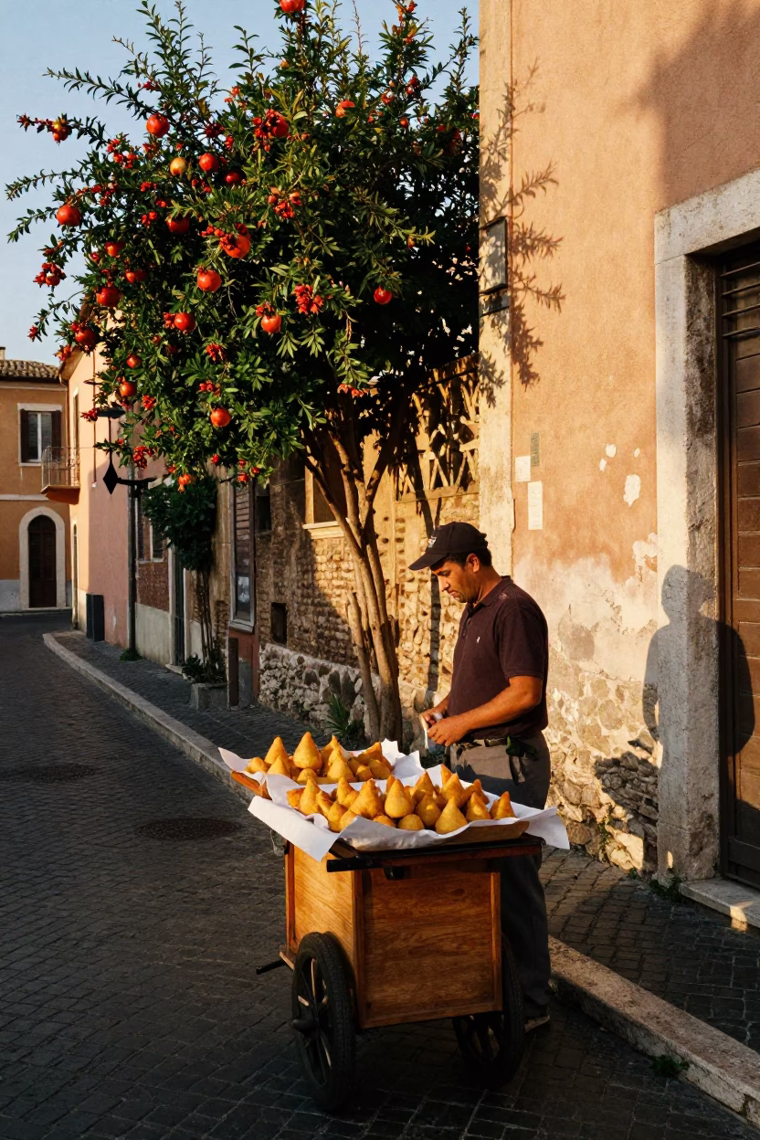 Sunset Street Scene in Rome Italy with Pomegranate Tree and Local Vendor in in Rome, Italy