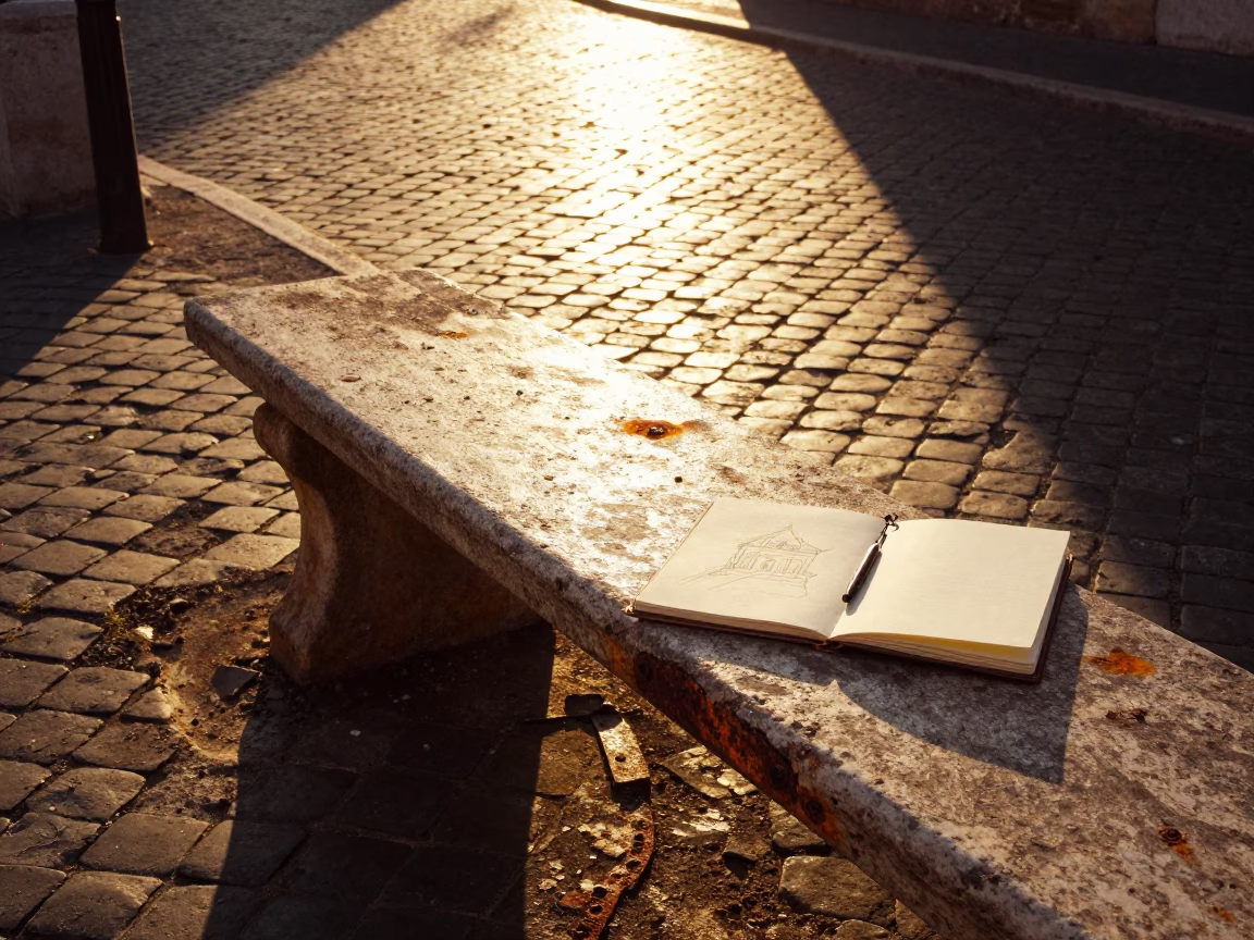 Sunset Street Scene in Rome Italy with Rusty Bench and Sketchbook in in Rome, Italy