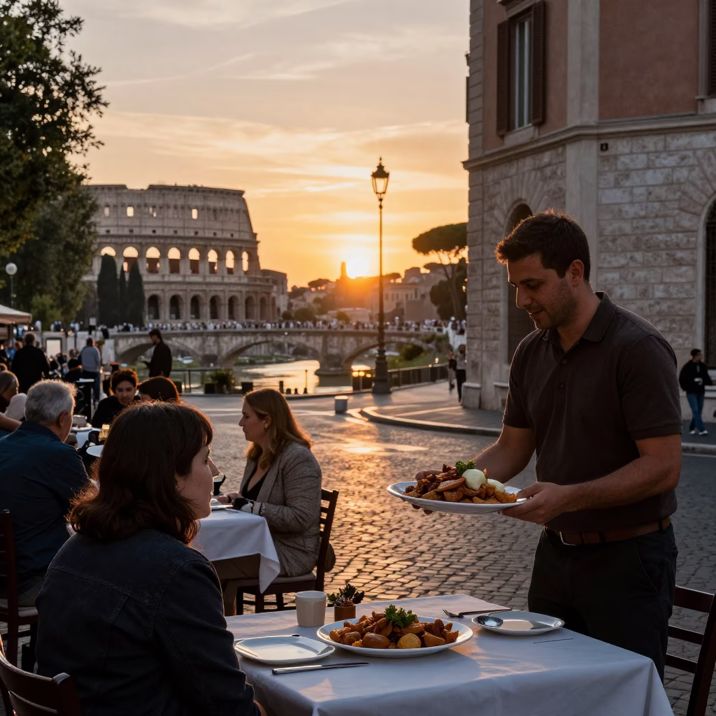 Sunset Street Scene in Rome Italy with Traditional Mansaf Dish and Local Interaction in in Rome, Italy