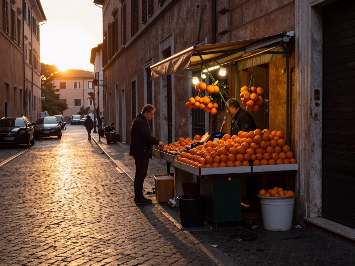 Sunset street scene in Rome with oranges and daily life in in Rome, Italy
