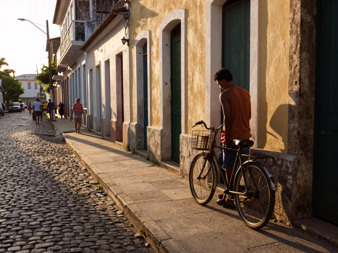 Sunset Street Scene in Salvador Brazil with Bakery Bicycle and Peg Basket in in Salvador, Brazil