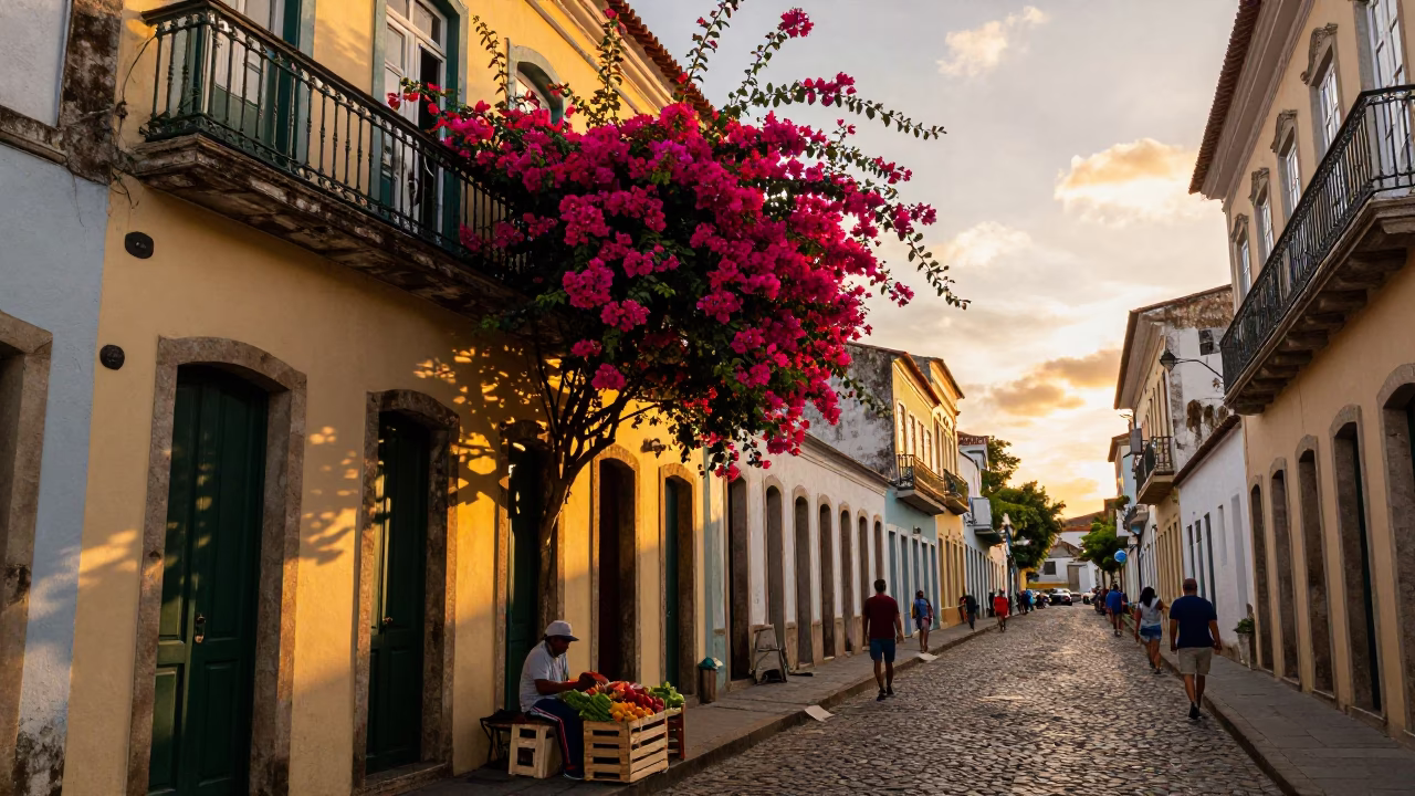 Sunset street scene in Salvador Brazil with bougainvillea and traditional architecture in in Salvador, Brazil