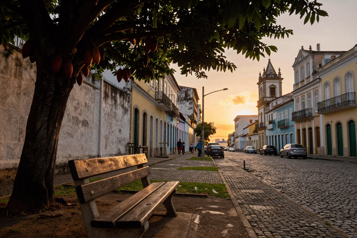 Sunset street scene in Salvador Brazil with cocoa pods and park bench in in Salvador, Brazil