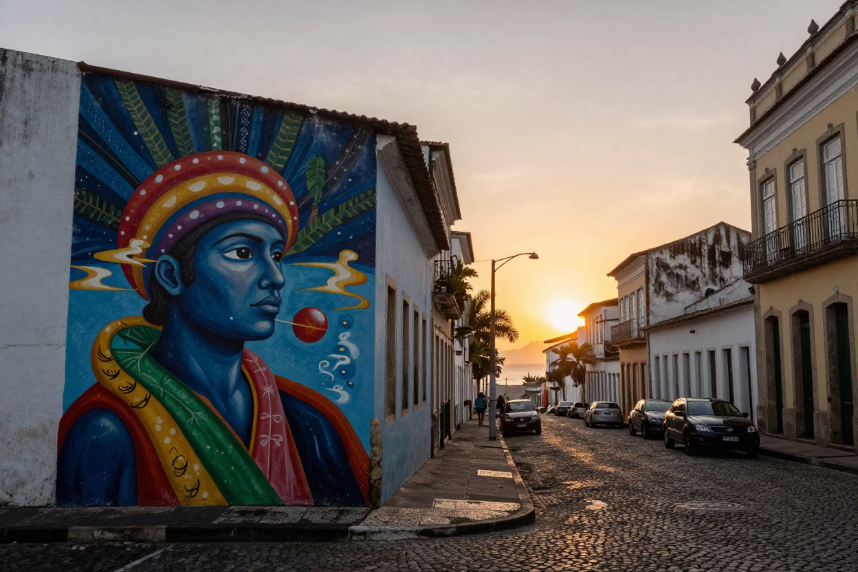 Sunset Street Scene in Salvador Brazil with Colorful Mural and Local Vendor in in Salvador, Brazil