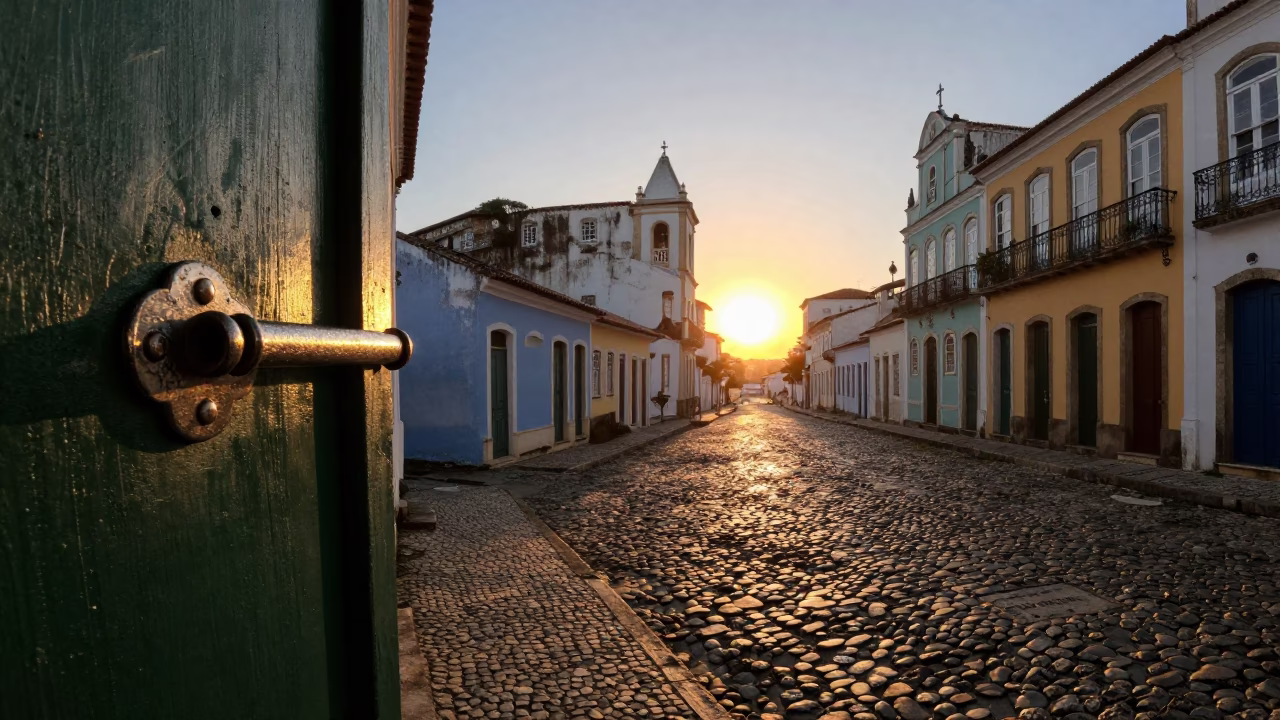 Sunset Street Scene in Salvador Brazil with Door Latch and Ceramic Bowl in in Salvador, Brazil
