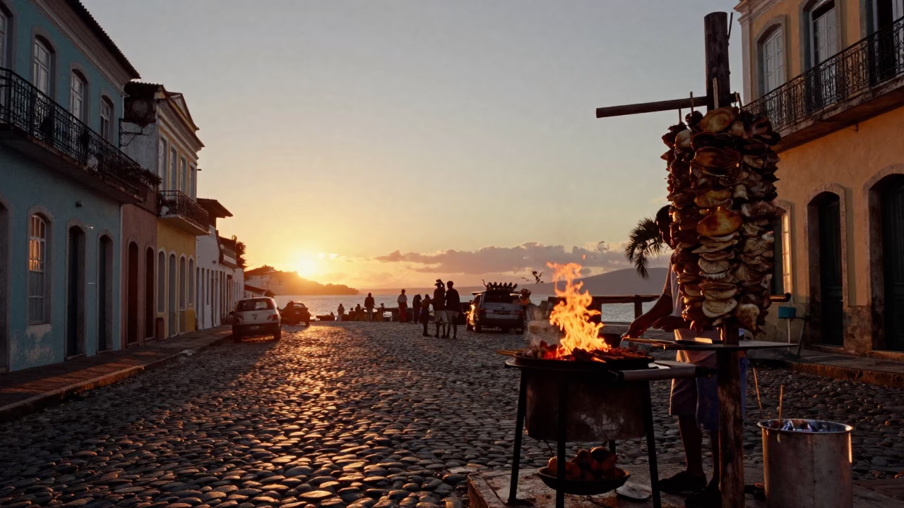 Sunset Street Scene in Salvador Brazil with Kebab Grill and Driftwood Decor in in Salvador, Brazil