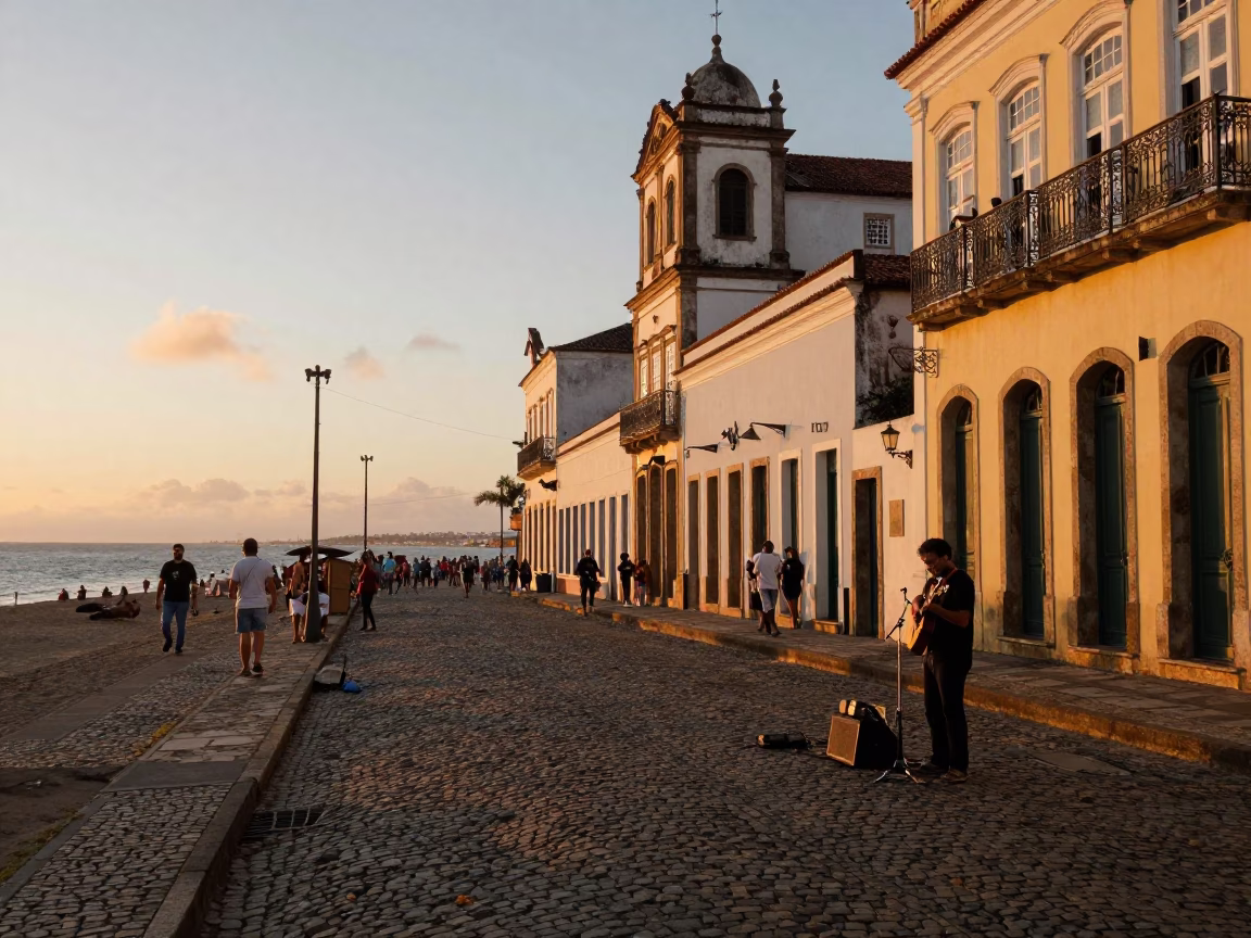 Sunset Street Scene in Salvador Brazil With Local Musician and Coastal Highway Traffic in in Salvador, Brazil
