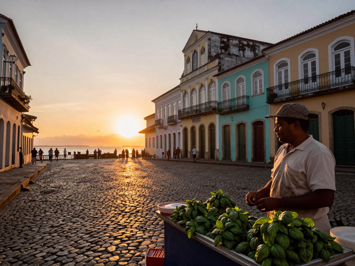 Sunset Street Scene in Salvador Brazil with Local Vendor and Basil Pot in in Salvador, Brazil