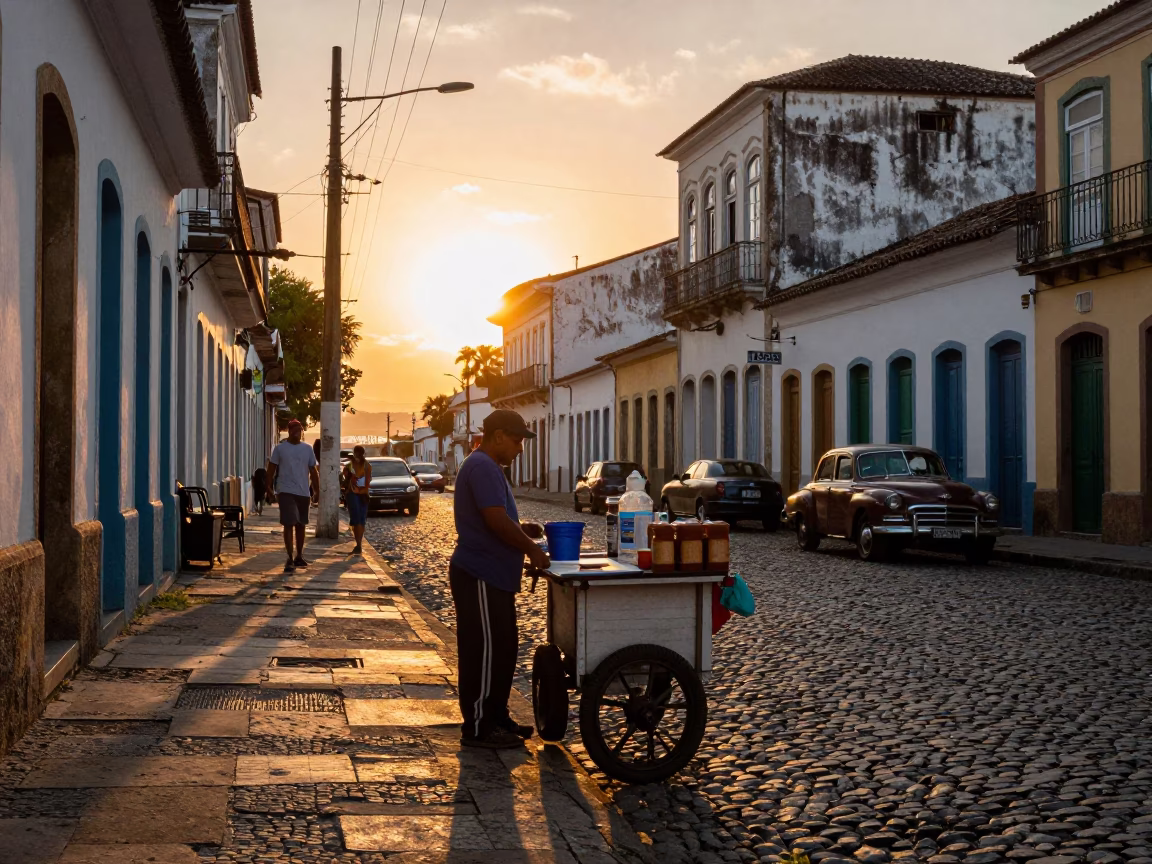 Sunset Street Scene in Salvador Brazil with Local Vendor and Vintage Details in in Salvador, Brazil