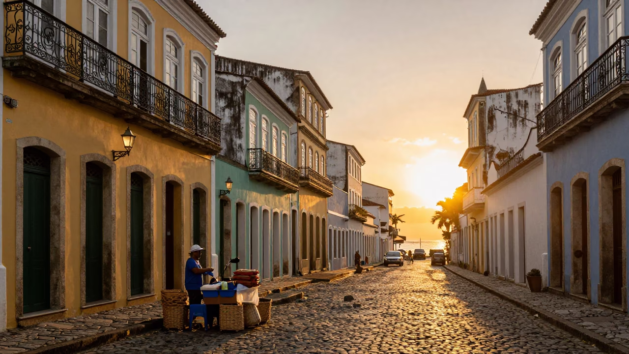 Sunset Street Scene in Salvador Brazil with Local Vendor and Wicker Basket in in Salvador, Brazil