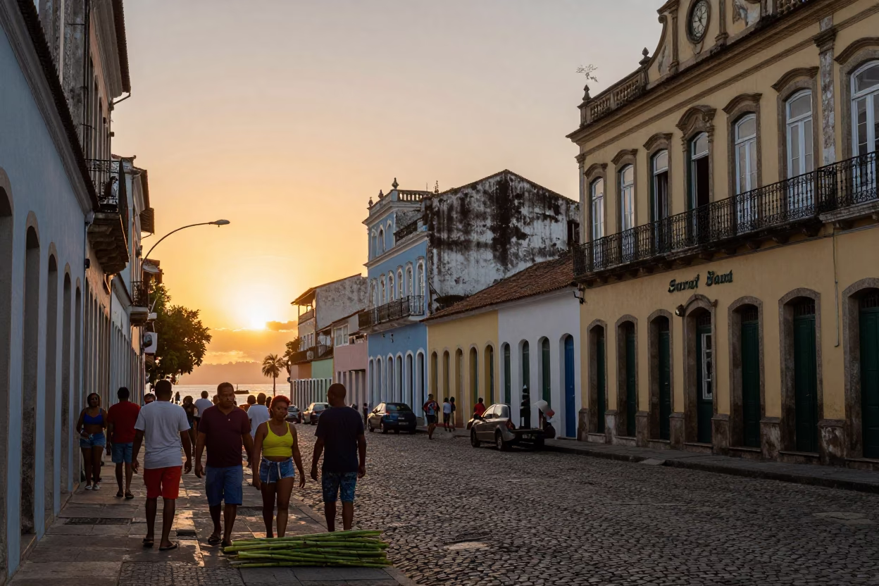 Sunset Street Scene in Salvador Brazil with Locals and Fresh Sugarcane Juice in in Salvador, Brazil