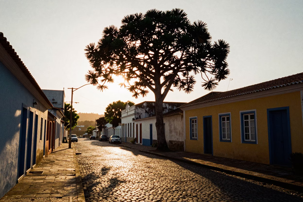 Sunset street scene in Salvador Brazil with monkey puzzle tree shadows in in Salvador, Brazil