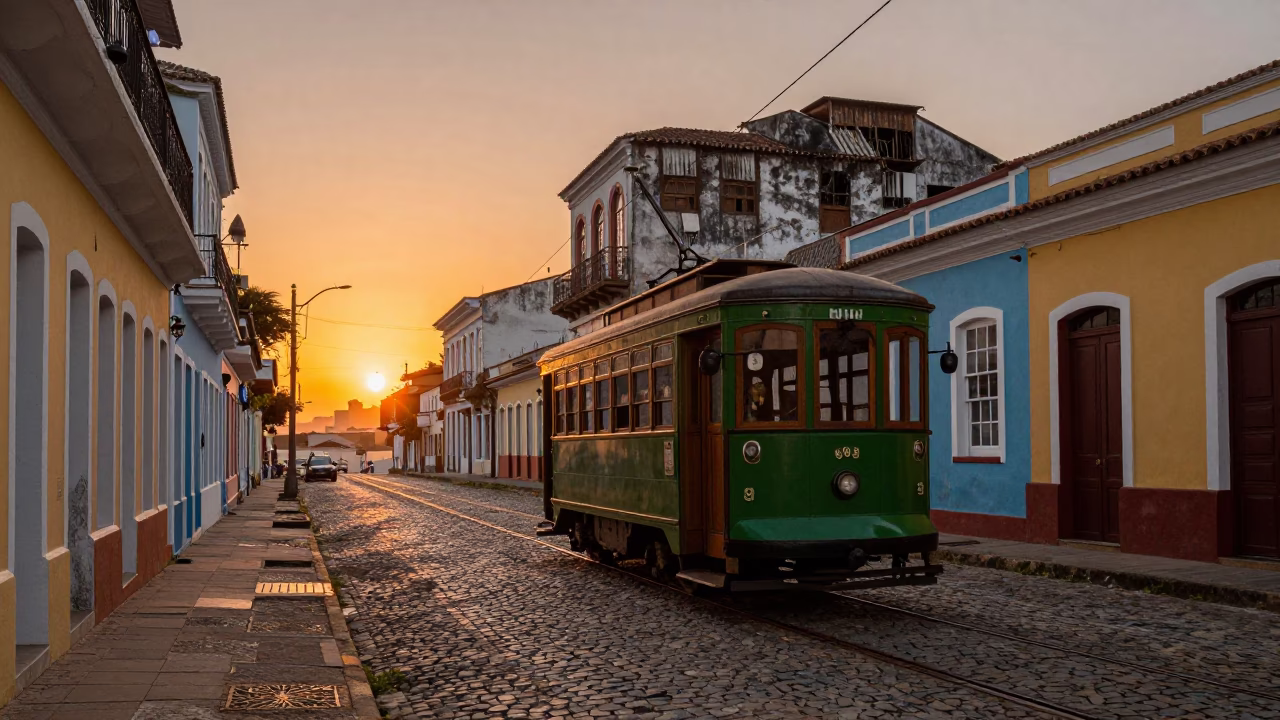 Sunset Street Scene in Salvador Brazil with Old Trolley and Colorful Architecture in in Salvador, Brazil