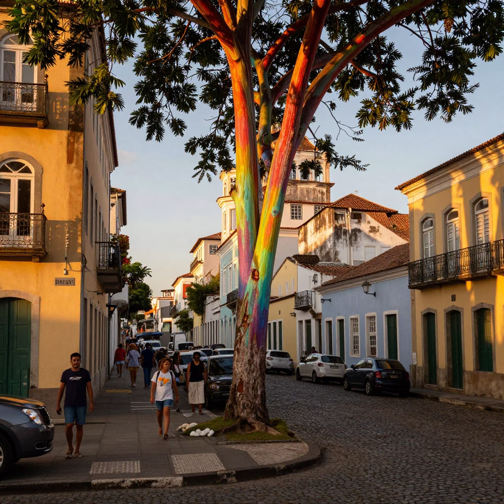 Sunset Street Scene in Salvador Brazil with Rainbow Eucalyptus and Local Life in in Salvador, Brazil