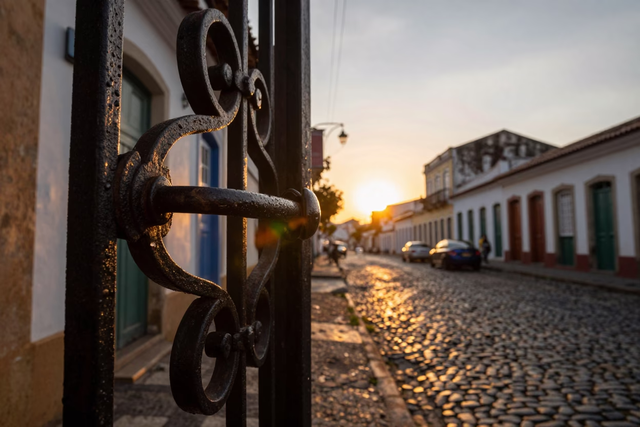 Sunset street scene in Salvador Brazil with rustic gate handle and garden benches in in Salvador, Brazil