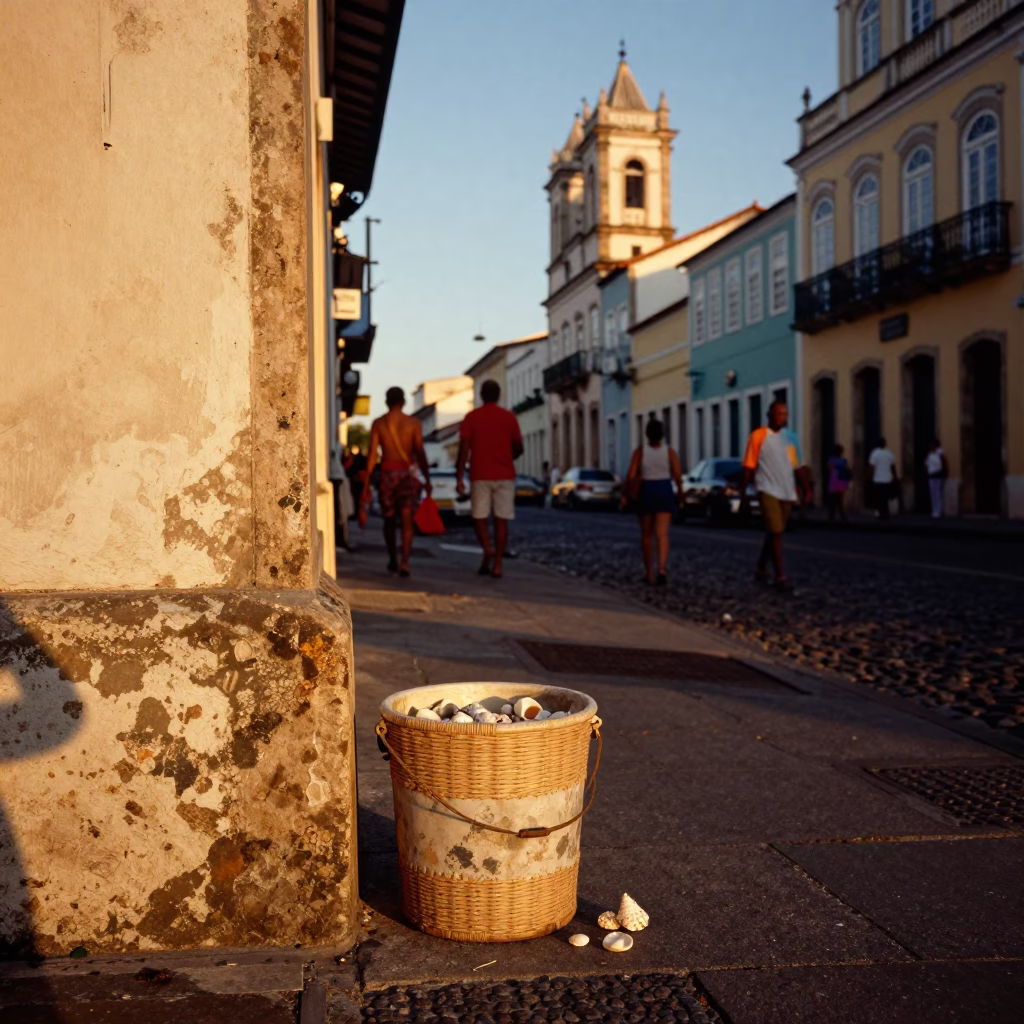 Sunset Street Scene in Salvador Brazil with Twine Bucket and Seashells in in Salvador, Brazil