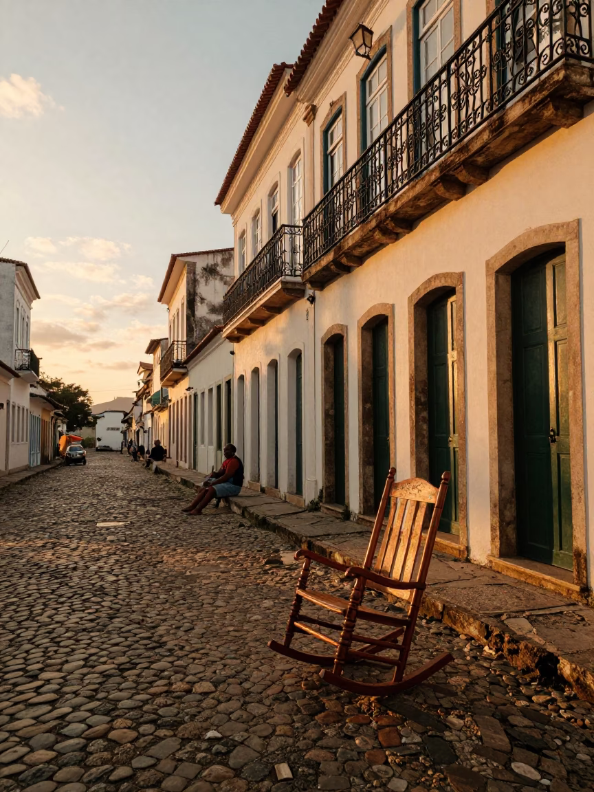 Sunset Street Scene in Salvador Brazil with Vintage Rocking Chair and Local Interaction in in Salvador, Brazil
