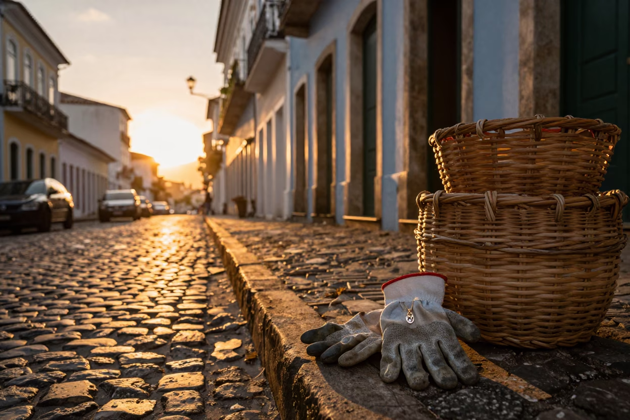 Sunset Street Scene in Salvador Brazil with Worker Gloves and Charm Bracelet in in Salvador, Brazil