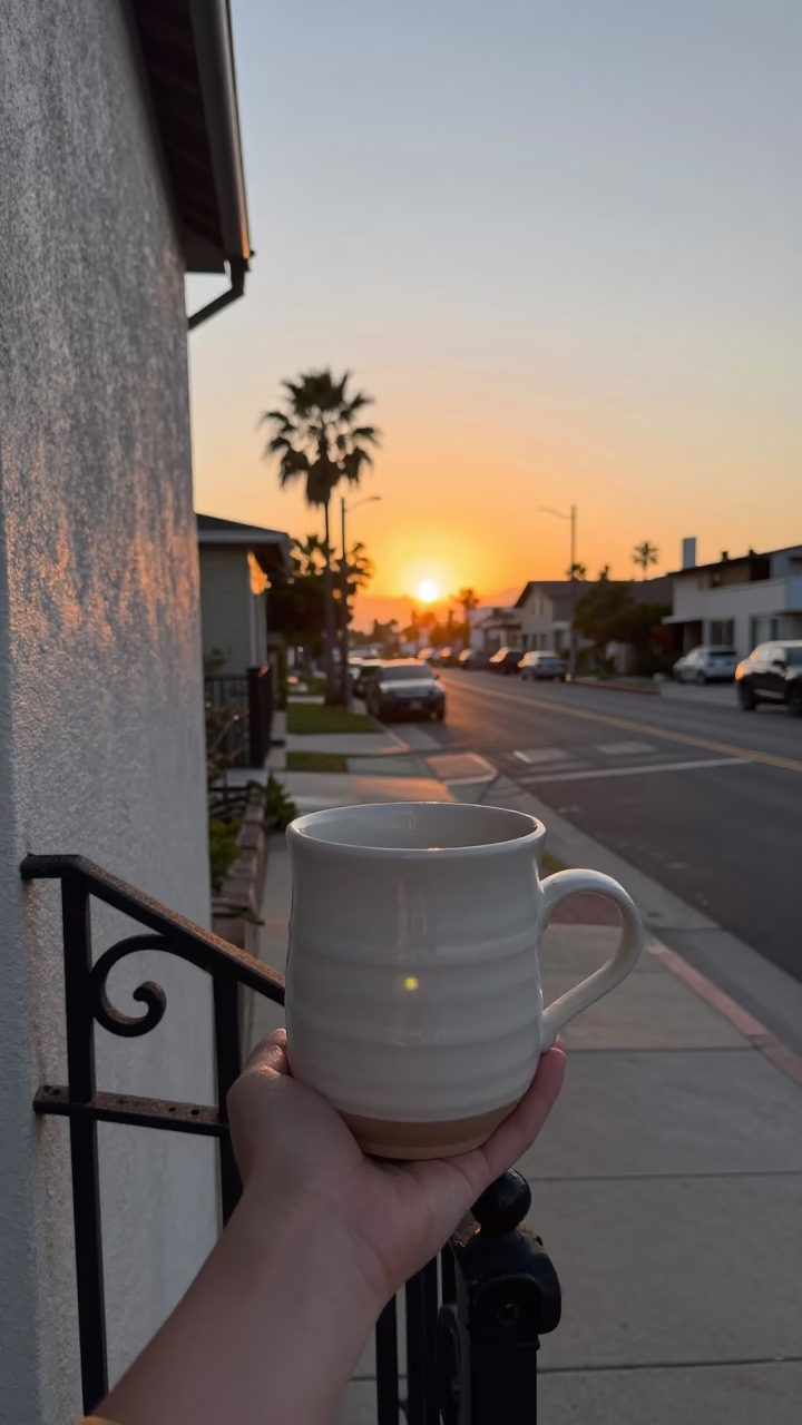 Sunset Street Scene in San Diego California with Ceramic Cup and Hand Broom in in San Diego, California, United States