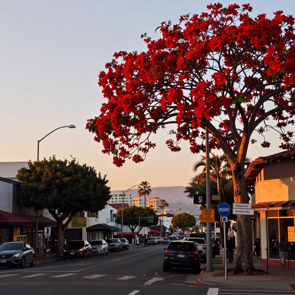 Sunset Street Scene in San Diego California With Flame Tree Bloom And Vintage Car in in San Diego, California, United States