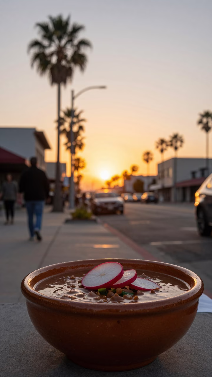 Sunset Street Scene in San Diego California with Pozole Bowl and Urban Details in in San Diego, California, United States