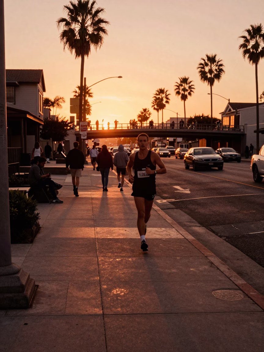 Sunset Street Scene in San Diego California with Vintage 1980s Elements in in San Diego, California, United States