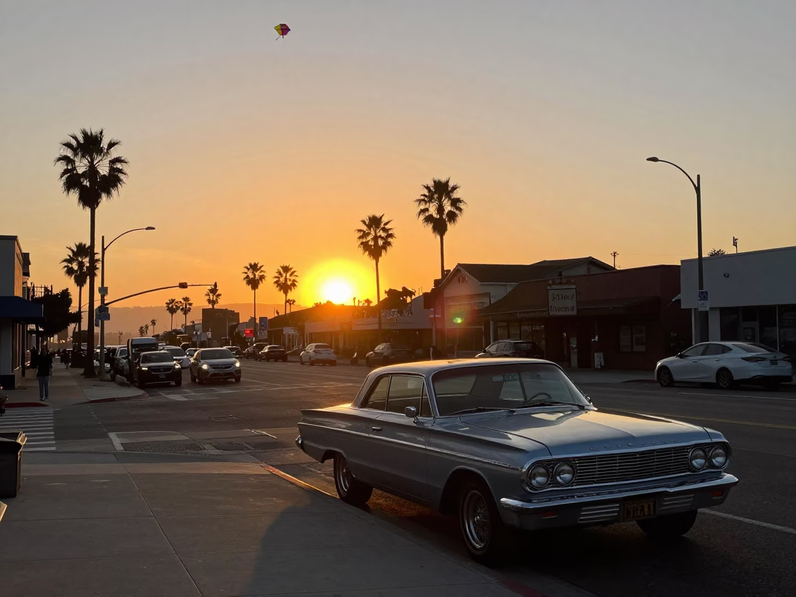 Sunset street scene in San Diego California with vintage car and kite reel in in San Diego, California, United States