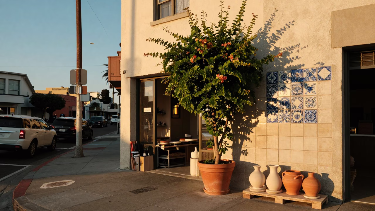 Sunset Street Scene in San Diego with Ceramic Tiles and Flowering Plant in in San Diego, California, United States