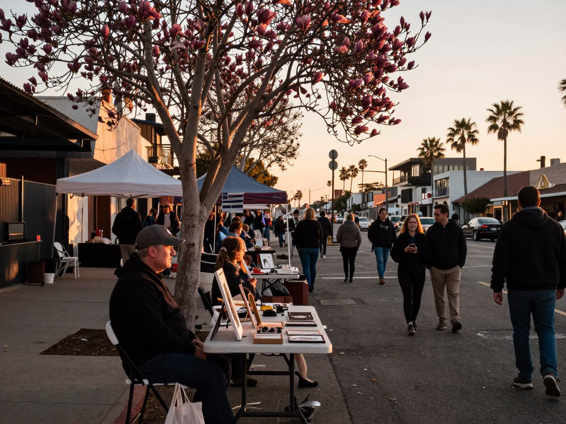 Sunset Street Scene in San Diego with Folding Tables and Magnolia Tree in in San Diego, California, United States