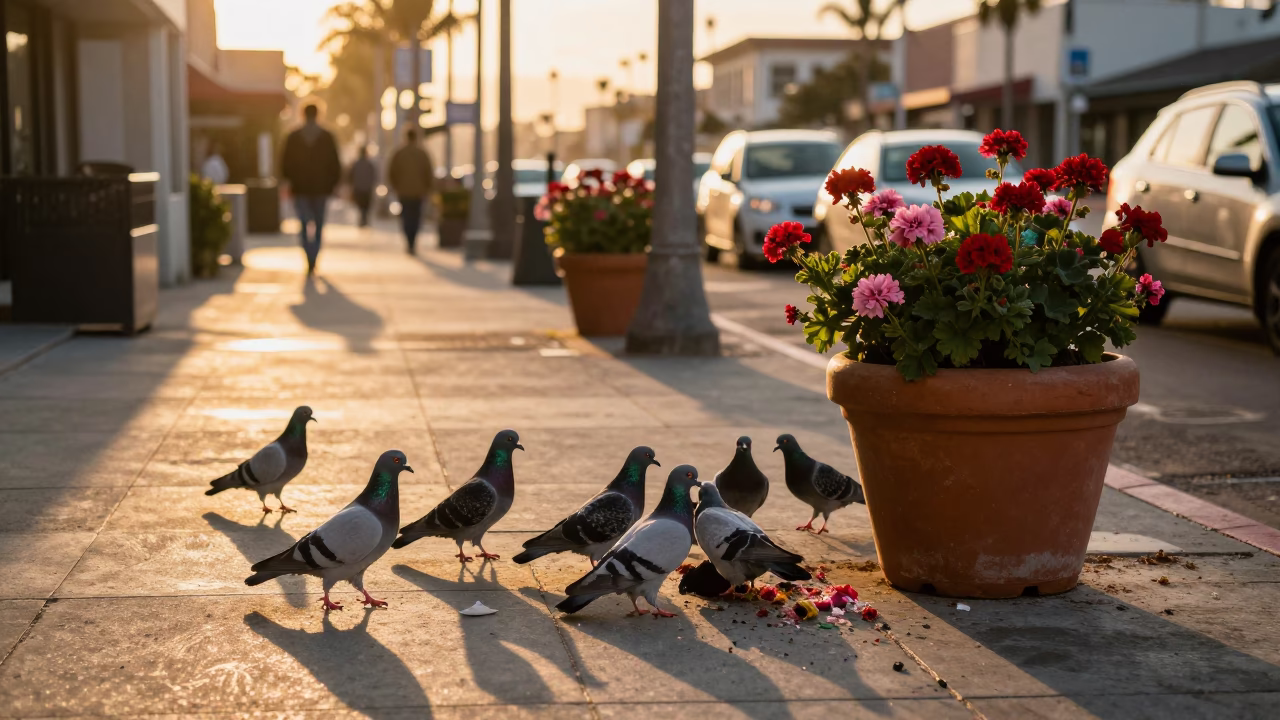 Sunset Street Scene in San Diego with Pigeons and Potted Geraniums in in San Diego, California, United States