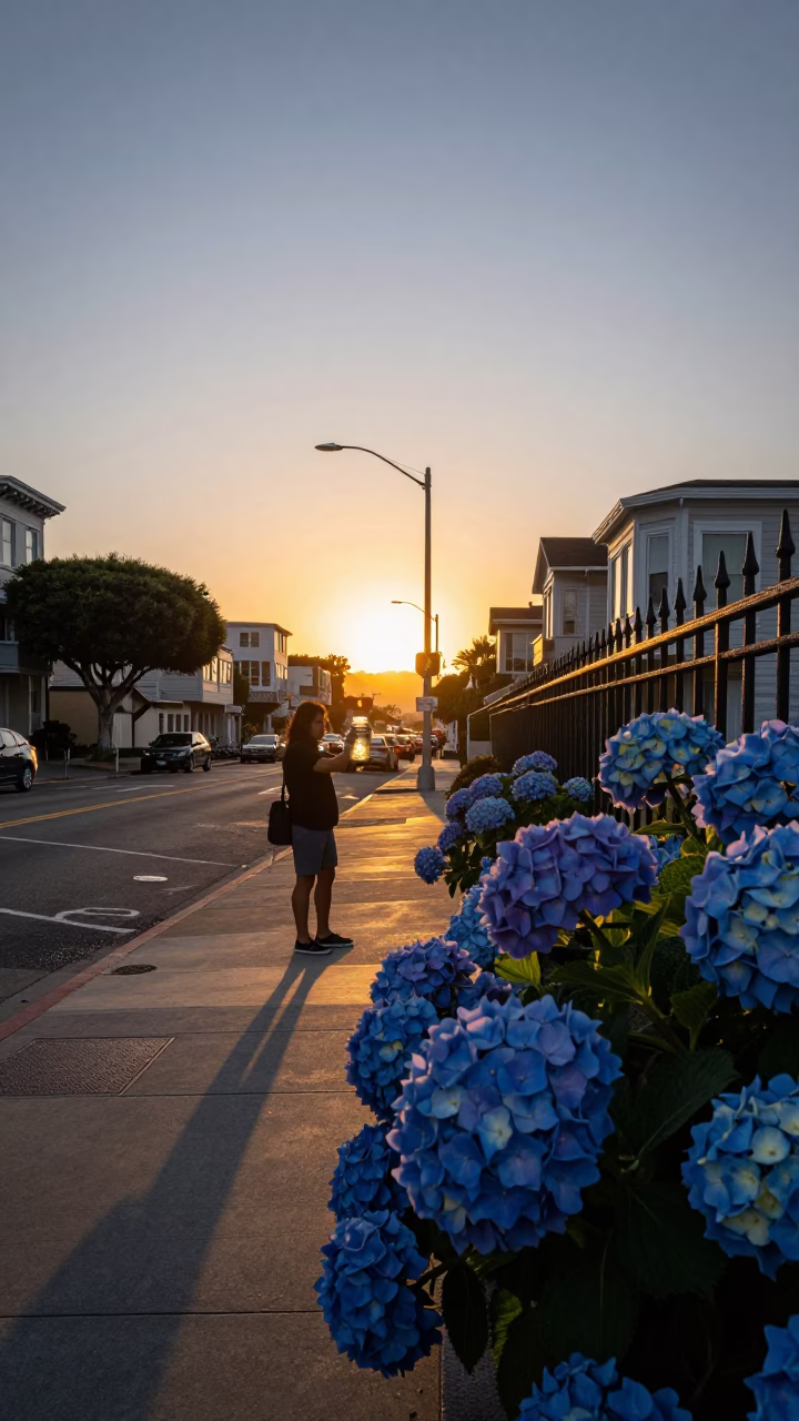 Sunset Street Scene in San Francisco with Blue Hydrangeas and Glass Jar in in San Francisco, California, United States