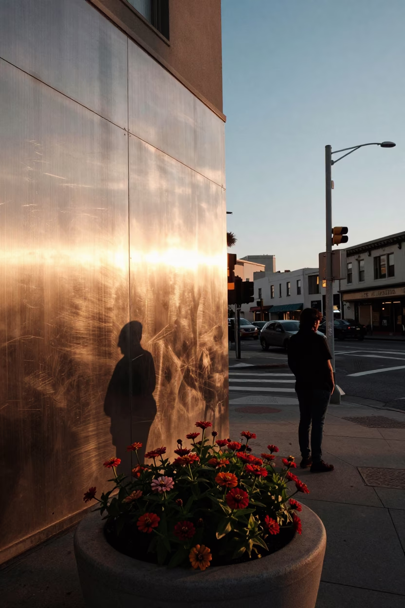 Sunset Street Scene in San Francisco with Brushed Steel Wall and Zinnias in in San Francisco, California, United States