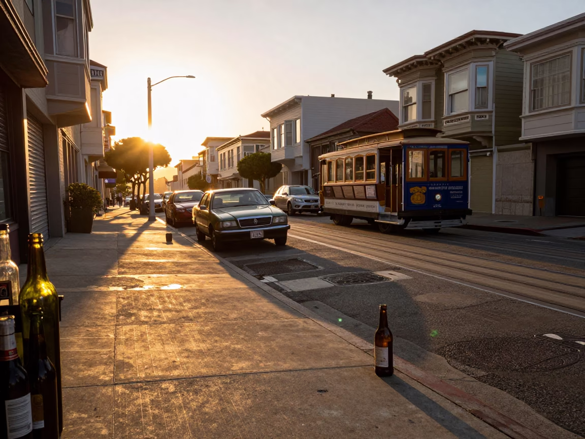 Sunset street scene in San Francisco with glass bottles and urban details in in San Francisco, California, United States