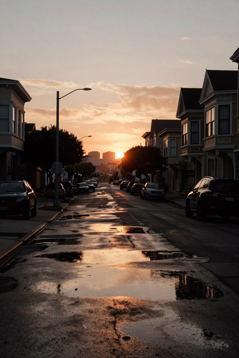 Sunset Street Scene in San Francisco with Puddle Reflections and Urban Details in in San Francisco, California, United States